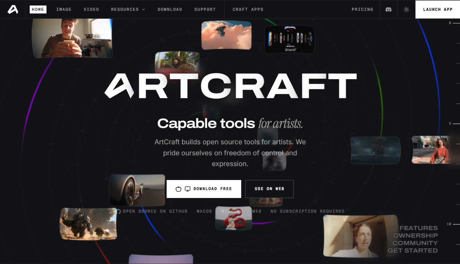 Screenshot of the ArtCraft homepage: 'Capable tools for artists. ArtCraft builds open source tools for artists. We pride ourselves on freedom of control and expression.' with Download Free and Use on Web buttons