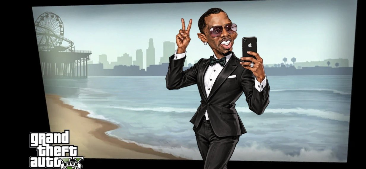 Grand Theft Auto V loading-screen style artwork of a character in a tuxedo taking a selfie on the beach