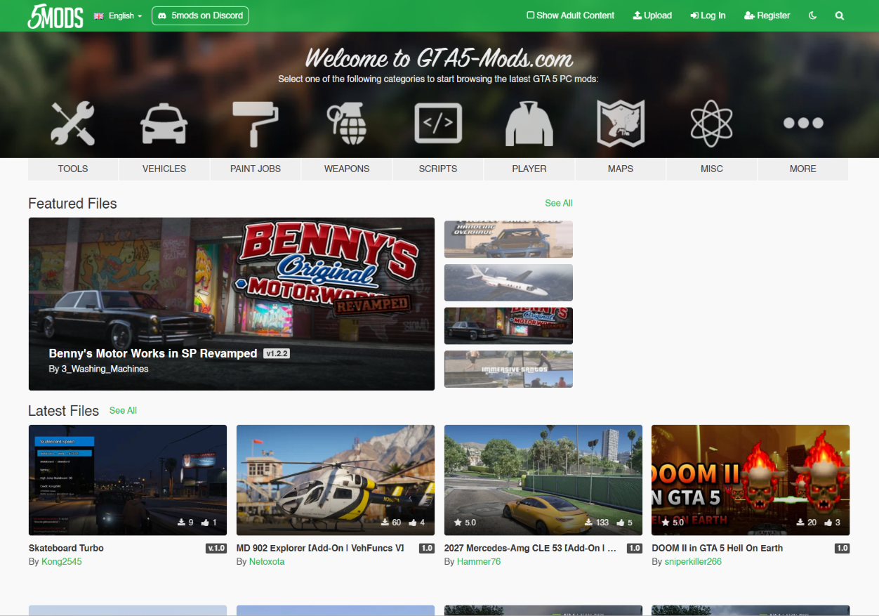 Screenshot of the GTA5-Mods.com homepage, showing mod categories like tools, vehicles, scripts and maps, and featured files