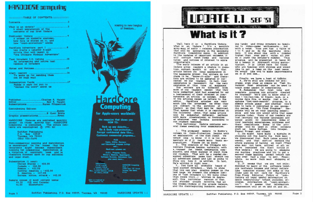 Two-page spread of Hardcore Computing magazine, Update 1.1, September 1981: the table of contents and the 'What is it?' editorial introducing a magazine dedicated to defeating copy protection on Apple II software