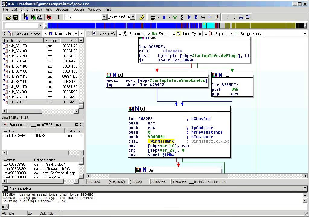 Screenshot of the IDA Pro disassembler's graph view of an executable's startup code, full of anonymous loc_ labels and guessed types