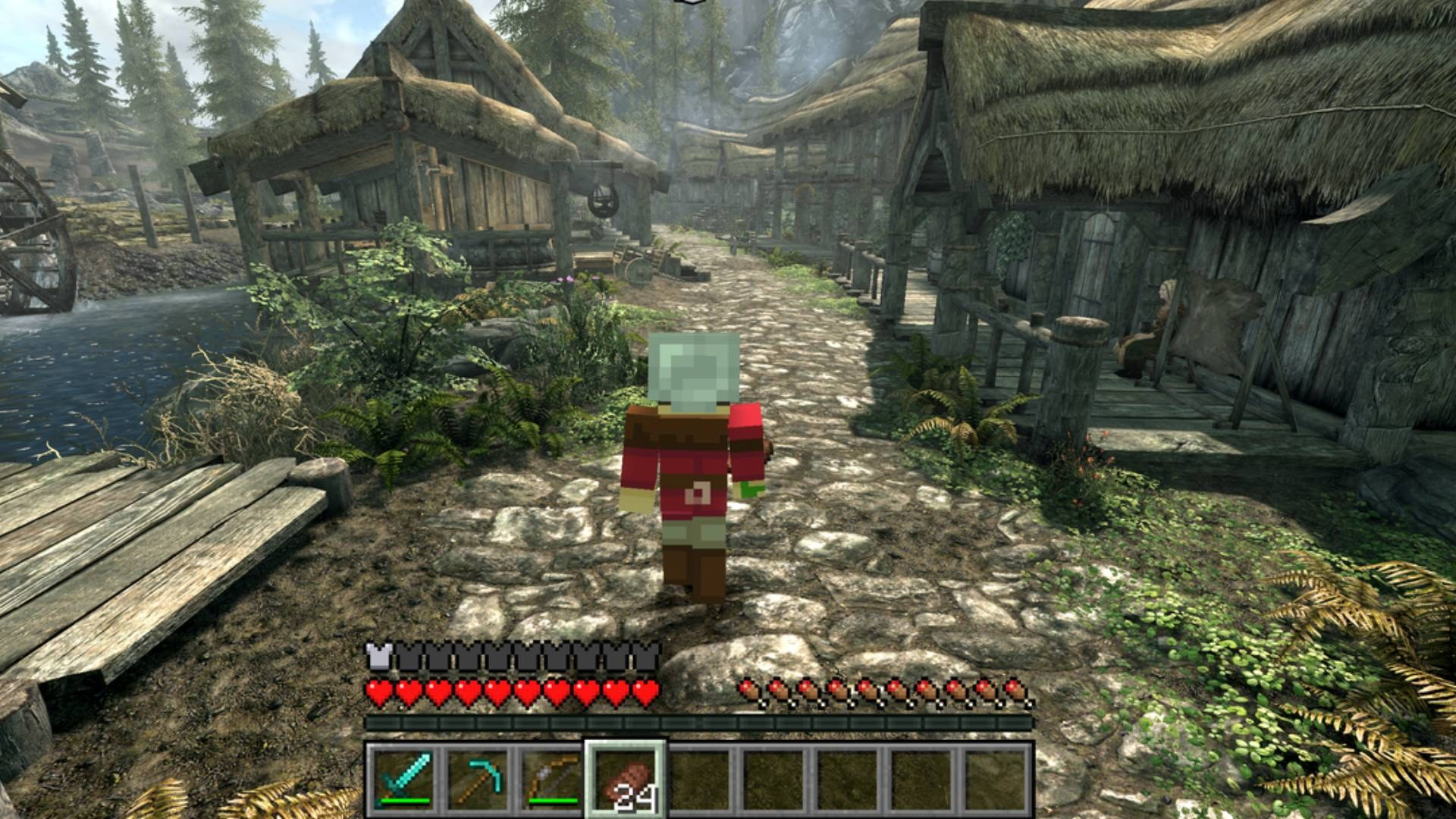 SkyCraft: a Minecraft player character with hearts, hunger and hotbar standing in Skyrim's village of Riverwood