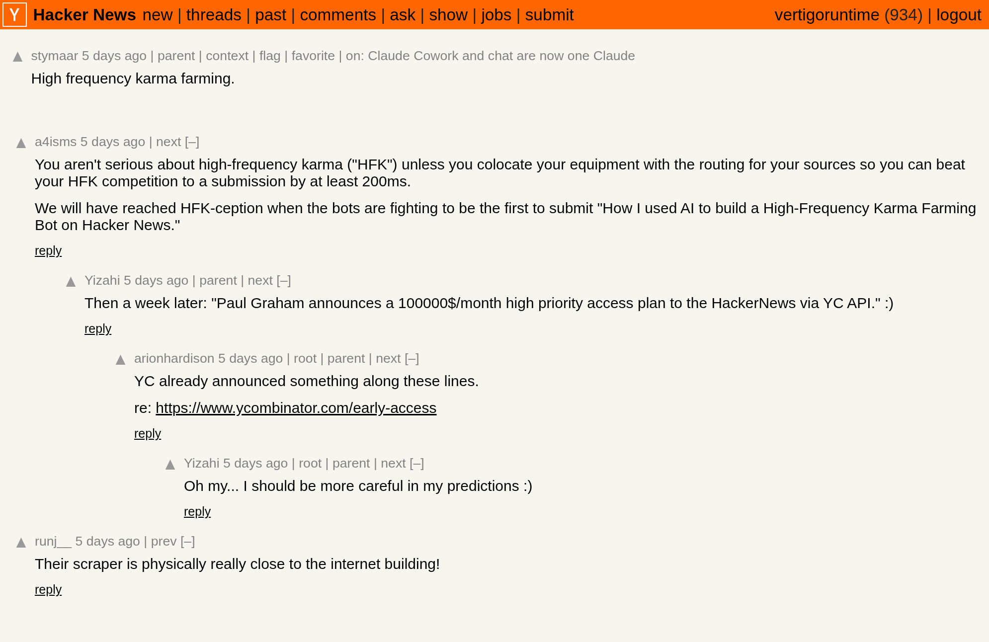 HN comments joking about 'High frequency karma farming' - a4isms says you aren't serious about HFK unless you colocate your equipment with the routing for your sources to beat your competition to a submission by at least 200ms