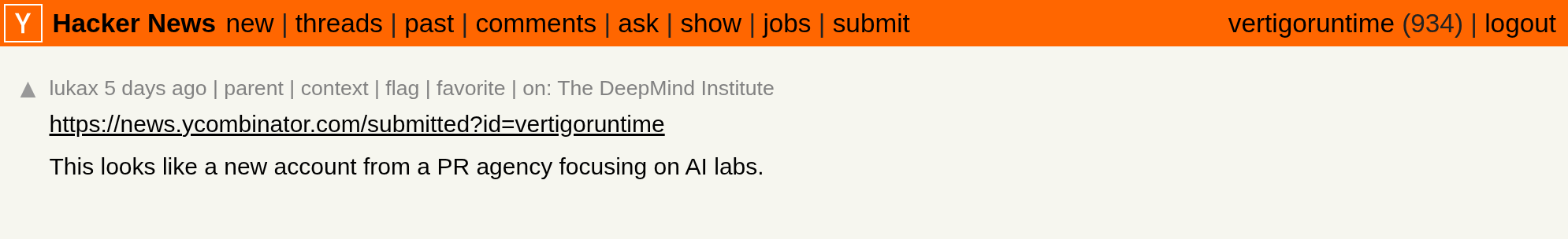 lukax on HN, linking vertigoruntime's submission history: 'This looks like a new account from a PR agency focusing on AI labs.'